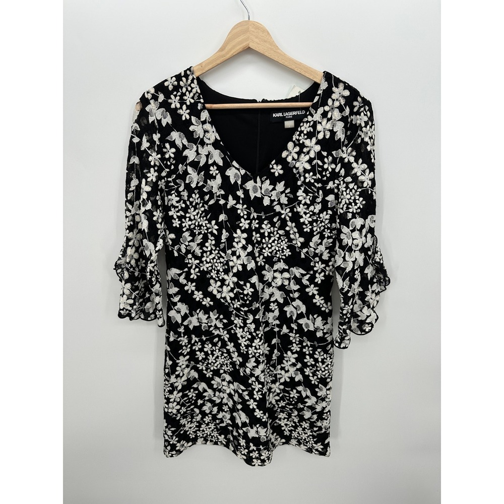Karl Lagerfeld Paris Ruffle Detail Lace Dress Black White Floral Sz 8 Career‎